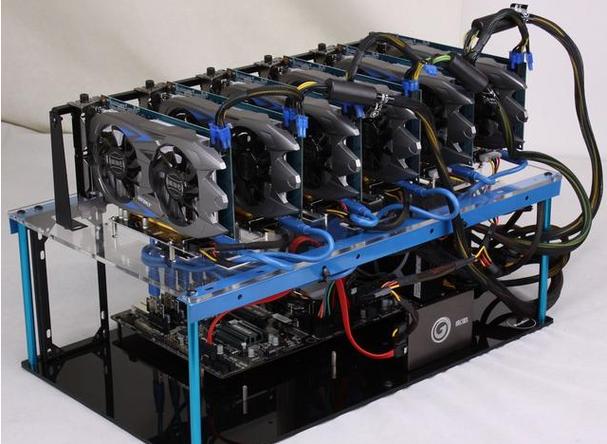 A close-up of a powerful mining rig with multiple GPUs, highlighting its intricate design and computational power.
